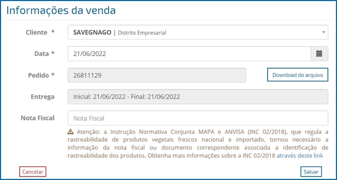 Informações de venda