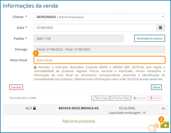 Adicionar nota fiscal e adicionar produto