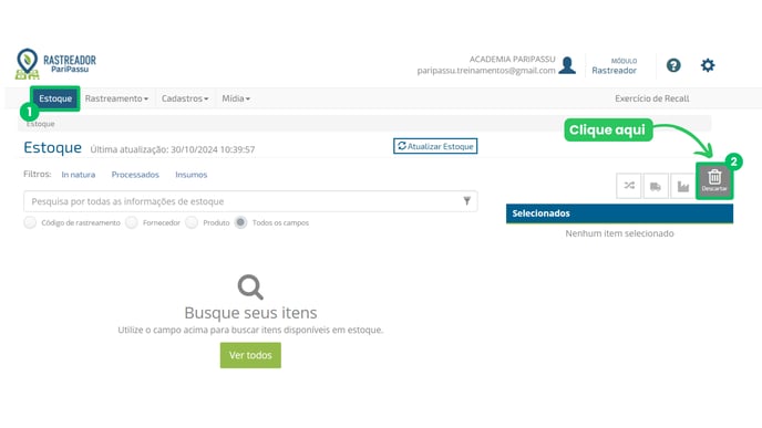 Como descartar itens do estoque no Rastreador PariPassu-1