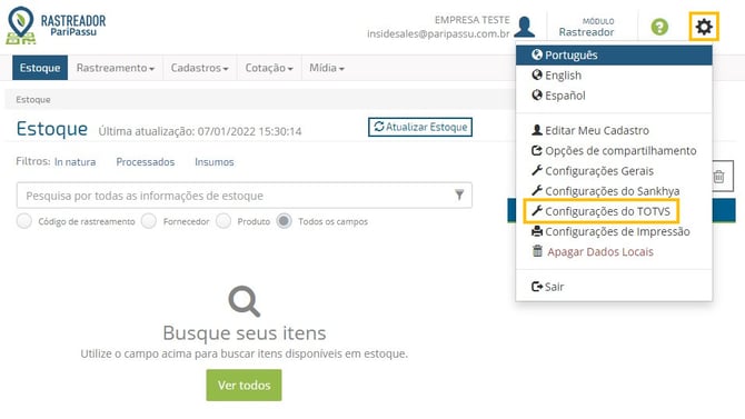 configurações do totvs