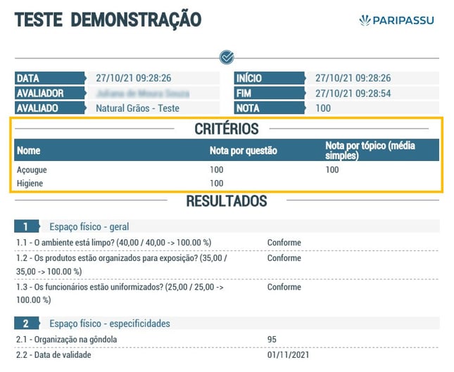 relatório com critérios